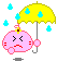 A 3x2 contact sheet of six animated frames showing a pink cartoon character with an angry expression holding a yellow umbrella in the rain, each frame displaying different water droplet positions and small pose variations.