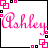 Pixelated pink cursive text '@Ashley' on white background with black and pink geometric border elements.