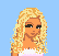 Pixelated character with long blonde hair wearing a white strapless dress and platform sandals against light blue background.