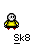 Pixel art character in yellow shirt and red shoes performs actions with brown sack against gray background, text "Sk8" below each frame.