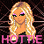 Pixel art contact sheet showing three frames of an animated icon featuring a blonde woman with pink eyeshadow and green eyes, wearing a black top and silver earrings against a dark web-like background with the text "HOTTIE" in varying colors.