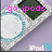 Pixelated image with pink text 'go ipods' over a stylized object resembling a white and blue device on a purple background.