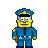 Pixelated character in blue uniform with yellow accents, black belt, and dark tie, standing against gray background.