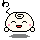 Pixelated character with spiral head marking, pink cheeks, red mouth, and white limbs on gray background showing two animation states.