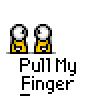 A 4x3 contact sheet of a pixel art animation showing two yellow stick figures performing the "pull my finger" motion across 12 frames, with text below each frame reading "Pull My Finger" and one frame containing a "FAST" label.
