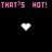 Pixelated text and heart icons display on a black background with alternating color states.