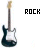 Pixelated electric guitar icon with black body, white pickguard, brown neck, and light-colored headstock next to bold 'ROCK' text.