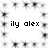 A static image with repeated text 'ily alex' in black pixelated font on a white background, surrounded by a border of small black star-like shapes.