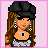 Pixel art contact sheet of a 4-frame animated icon featuring a cartoon woman with long brown hair and black cap, alongside pink text on light pink background.