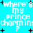 Pixelated cyan background with white text repeating 'where's my prince charming?' and black star-like symbols scattered throughout.