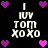 Pixelated icon with white text 'I IUV TOM XOXO' and purple/pink hearts on black background, showing animation changes in heart colors.