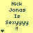 Yellow background with dark blue text reading "Nick Jonas Is Sexyyyy !!" and green heart symbols animating in vertical stacks.