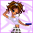 Pixel art character with brown curly hair and a white top, holding a blue object against a purple starry background with text