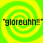 Four identical pixelated spiral patterns in bright green and yellow with "gloreuhh!!" text in black pixel font, arranged in a on a solid green background