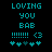 Pixelated cyan text and symbols on black background with animated heart sequence.