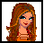 Pixel art contact sheet showing five frames of an animated doll icon with long brown hair, orange top, and light-colored pants or skirt across different poses and text elements.