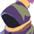 Pixelated static icon of a stylized helmet with purple, green, and yellow sections against white background.