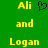 Green background with yellow text 'Ali and Logan' in pixelated font, a black heart symbol between the names on one side.