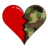 A static pixelated heart split vertically into two distinct halves, one solid red and the other a camouflage pattern of green brown and black.