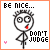 A 4x3 contact sheet of a pixel art animation featuring a stick figure character with spiky hair, red lips, and glasses across 12 frames showing subtle facial expression changes while repeating the text "BE NICE..." and "DON'T JUDGE".