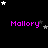 Pixelated text 'Mallory' in bright purple appears repeatedly over a black background with scattered white and gray stars, with a gray rectangle partially visible on the right edge.