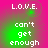 Pixelated text displays 'L.O.V.E.' and 'can't get enough' on a pink-to-green gradient background with subtle circular patterns.