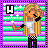 Pixel art of a blonde girl in a white crop top and black pants with checkered cuffs, standing against a purple-green striped background with white stars.