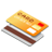 Pixelated isometric credit card with gold top layer, brown stripe, white checkered pattern, and red logo on gray background.