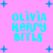 Pixelated cyan text "OLIVIA KERRY BFRLS" on pink background with blue plus signs, four identical instances arranged in a
