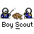 Pixel art animation of a Boy Scout character with white helmet, blue uniform, yellow star, and brown backpack holding a staff that cycles through static, flame, and smoke effects.