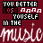 A 4-frame animated contact sheet of a buddy icon with maroon background, pixelated text elements, and repeated musical motifs in white script.