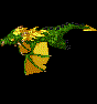 Animated sequence of a green and yellow dragon-like creature with orange accents in various poses against black background.