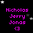 Pixelated text displays 'Nicholas Jerry Jonas' with a pink heart symbol beneath, set against black background with scattered white and gray stars.