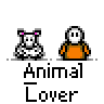 Animated contact sheet of a pixel art buddy icon showing sequential frames where an orange-shirted character interacts with a white-and-black spotted animal, including text bubbles and motion effects.