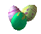 Four distinct egg-shaped objects in green, yellow, purple, and pink with striped patterns rotate in a against a gray background