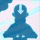 Blue silhouette of a character with arrow symbol on forehead, two white dots on chest, and cloud-like shapes in background.