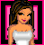 Pixel art contact sheet of a female character in various poses and outfits with pink backgrounds, including full-body views, close-ups, and text displays.