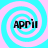 Four identical spiral patterns with cyan and pink concentric circles, each containing the text 'April' in black pixelated font.
