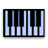 Pixelated piano keyboard with black and white keys, blue-tinted key surfaces, and a dark border on a light background.
