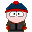 Pixelated character with blue-red hat, gray jacket, red cuffs; mouth and green object change across frames.