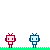 Pixel art animation of red and blue robot icons on green grass, with text changing from 'I LOVE YOU.' to 'OKAY' across frames.