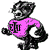 Pixelated cartoon character with black and gray fur wears a bright pink shirt with black text, standing in a dynamic pose against white background.
