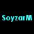 Pixelated text reads 'SoyzarM is Cool!' in cyan and blue on black background with gray rectangle.