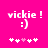Pixelated pink background with white text 'vickie !' and smiley face ':)' above five heart symbols, two of which are light pink.