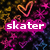 Pixelated icon with pink and purple gradient background featuring stars, two orange heart outlines, and white text on magenta rectangles.
