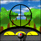Pixelated landscape view through a circular scope with crosshairs, showing green trees and blue sky in both frames.