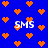 Blue background with orange pixelated hearts and white 'SMS' text in four locations, each heart having a small orange dot on its left side.