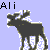 Pixelated static icon showing a dark moose-like animal with antlers against a light purple background, with the text "Ali" in black pixel font at top left.