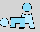 Two light blue stick figures with circular heads stand side-by-side on a gray background, one figure's lower body shifts position between frames.