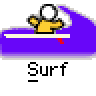 A static contact sheet of two identical animated frames showing a yellow stick figure surfing on a purple wave with red text 'badass buddy .com' and the word 'Surf' below each frame.